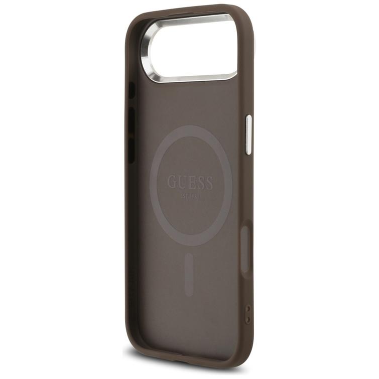 Guess Case Magsafe 4G PU-nahkakotelo kolmiologolla ja hopeisella metallisella kamerakehyksell&auml; iPhone 17 Air Brownille