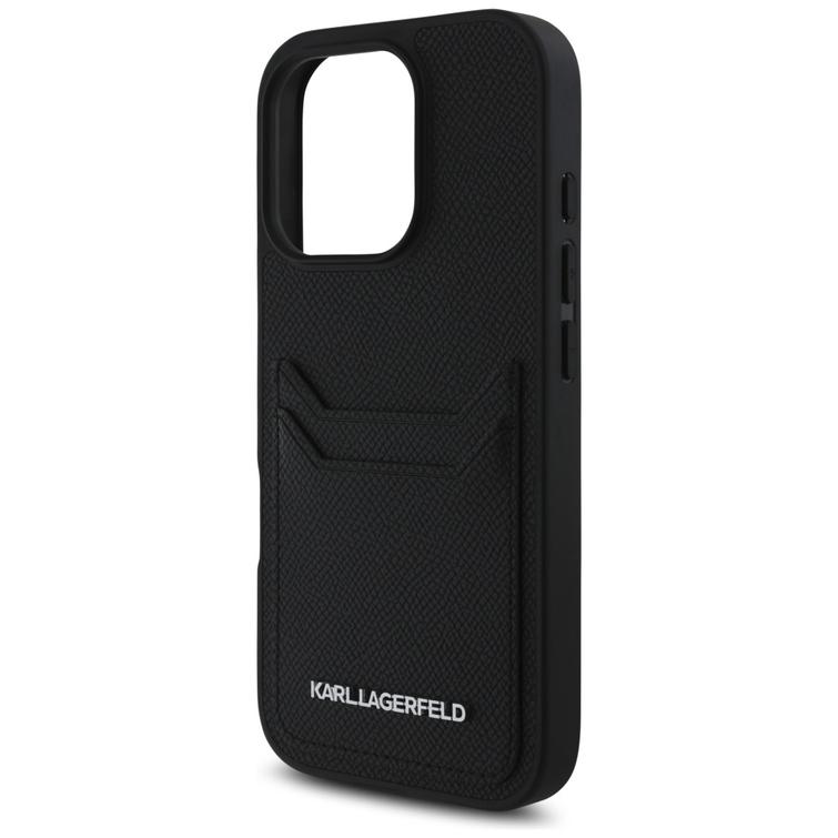Karl Lagerfeld HC Grained PU CardSlot Metal Elong -suojakuori iPhone 16 Pro Maxille, musta