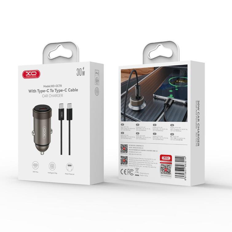 XO autolaturi CC70 PD 30W 1x USB-C musta + USB-C-kaapeli - USB-C