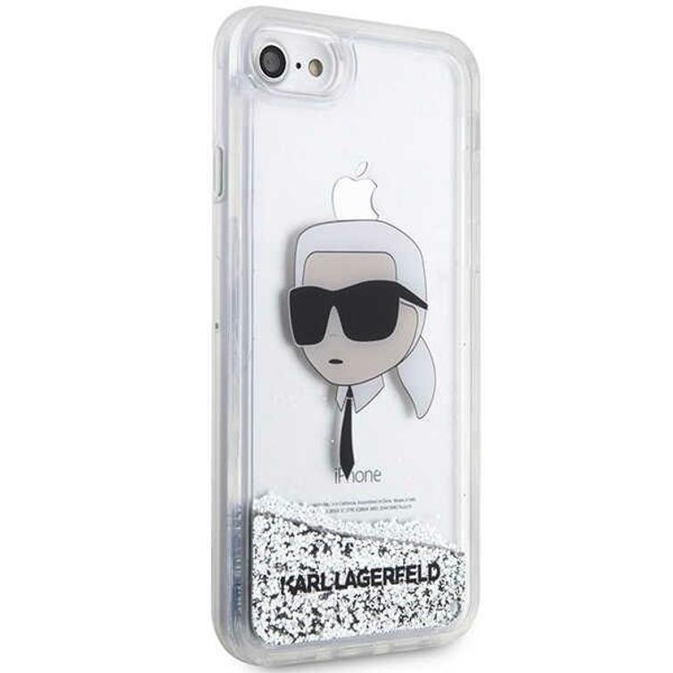 Karl Lagerfeld -suojakuori iPhone 7 / 8 / SE:lle KLHCI8LNKHCH hopeinen HC Liquid Glitter NFT Karl's Head