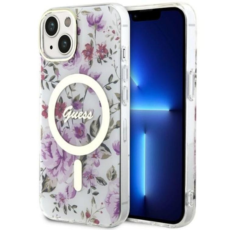 Guess iPhone 14 6,1" -puhelimen kuoret GUHMP14SHCFWST - l&auml;pin&auml;kyv&auml; kovakuori, Magsafe IML Flower
