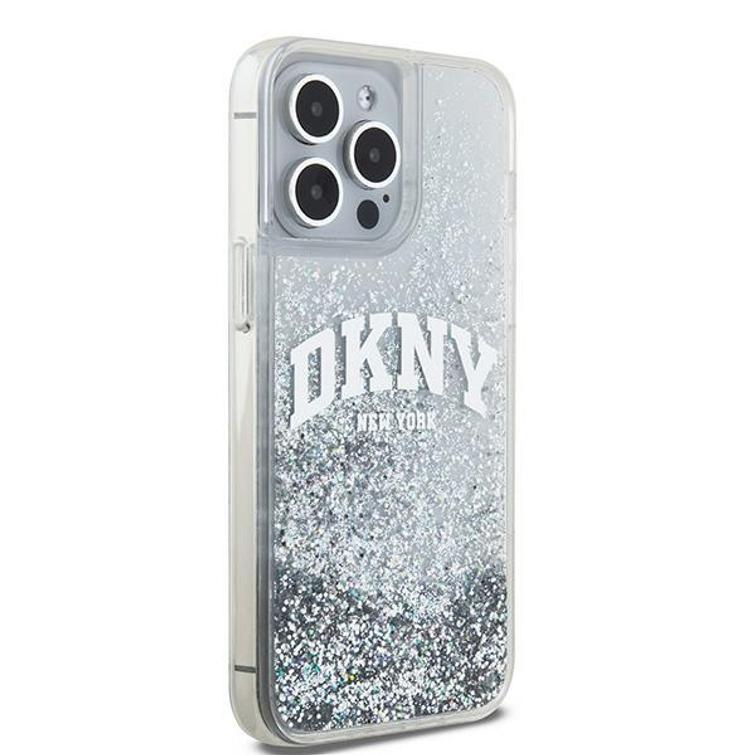 DKNY-suojakuori iPhone 15 Pro Max 6,7":lle DKHCP15XLBNAET, valkoiset HC-nestekimalteet ja kaarilogo.