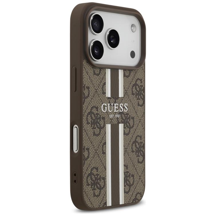 Guess 4G Printed Stripes MagSafe -kotelo iPhone 17 Prolle, ruskea