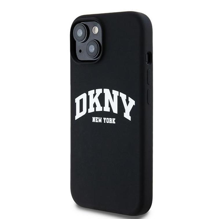 DKNY iPhone 15 Plus 6,7" -puhelimen suojakuori DKHMP15MSNYACH musta HC Magsafe -silikoni kaarilogolla.