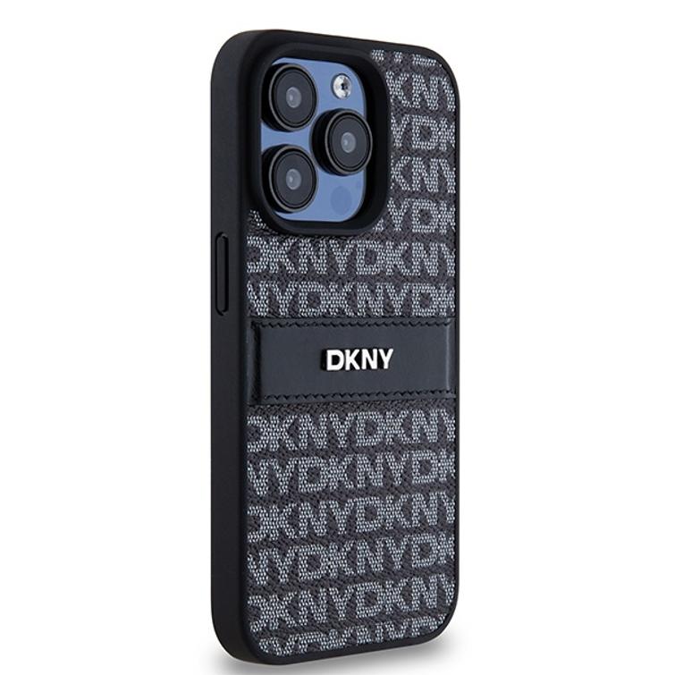 DKNY-suojakuori iPhone 15 Pro Max 6,7":lle DKHCP15XPRTHSLK musta HC PU -kuvioitu toistuva tekstuurikuvio s&auml;vyraidalla.