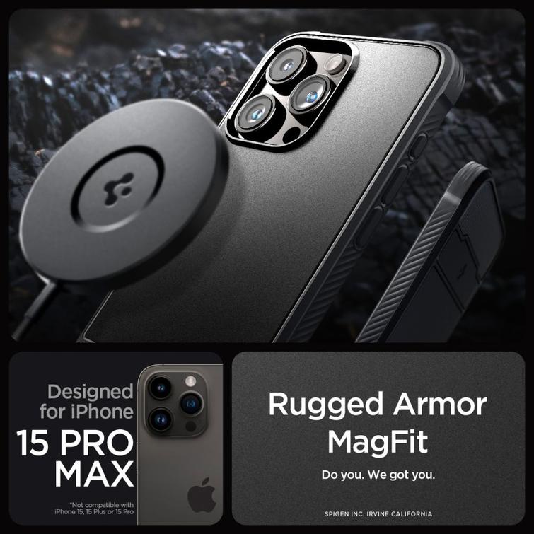 Spigen Rugged Armor Mag Magsafe -suojakuori iPhone 15 Pro Max 6,7":lle mattamusta