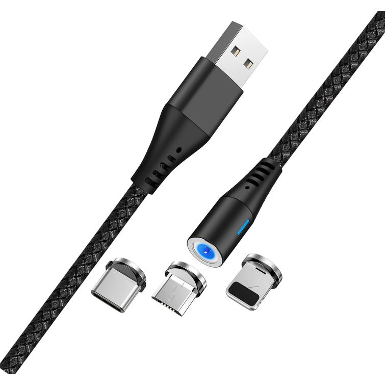 Maxlife MXUC-02 magneettikaapeli USB - Lightning + USB-C + microUSB 1,0 m 2A musta nailon