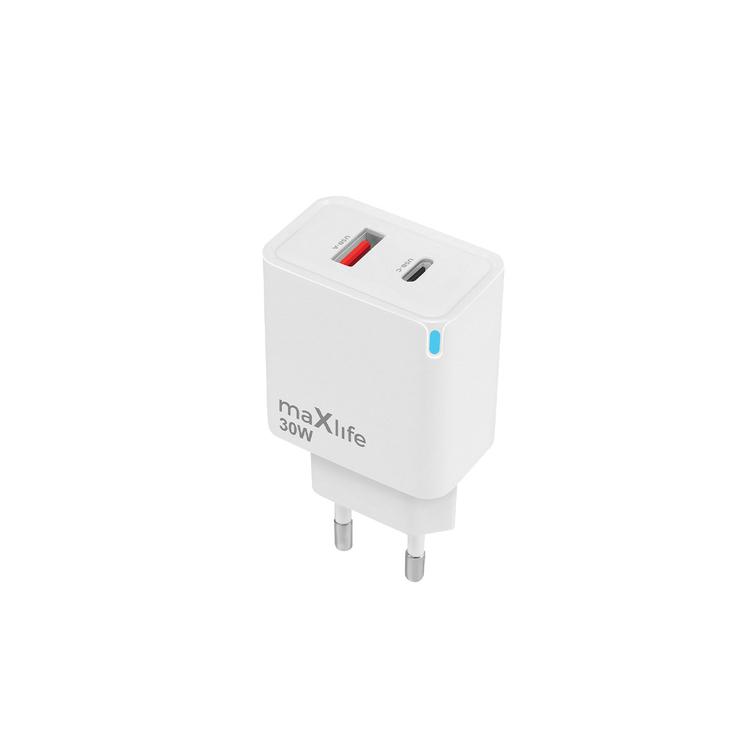 Maxlife MXTC-09-30AC GaN PD QC laturi 1x USB-C 1x USB 30W valkoinen