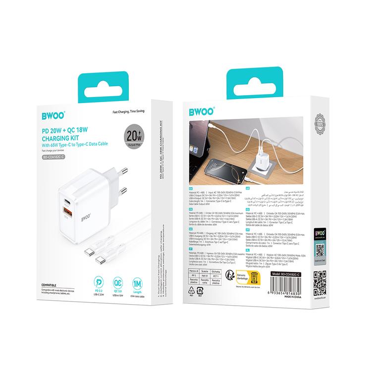 BWOO-seinälaturi CDA182 QC 38W 1x USB-A + 1x USB-C USB-C-kaapelilla 1 m musta