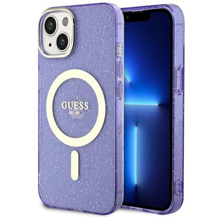 Guess iPhone 14 6,1" GUHMP14SHCMCGU kovakuori, violetti, Magsafe IML Glitter Gold