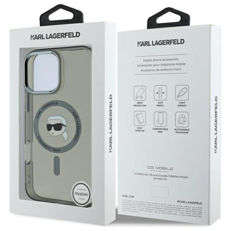 Karl Lagerfeld -suojakuori iPhone 16 Pro Max 6,9":lle. KLHMP16XHLSKIK, musta. Kova IML-suoja metallia. Karl Head MagSafe -l&auml;pp&auml;.