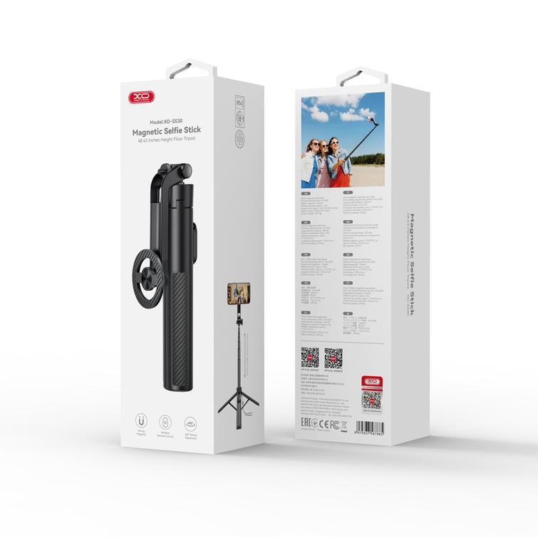 XO Selfiekeppi Bluetooth-kolmijalka SS30 musta magneettinen MagSafe-yhteensopiva 123 cm