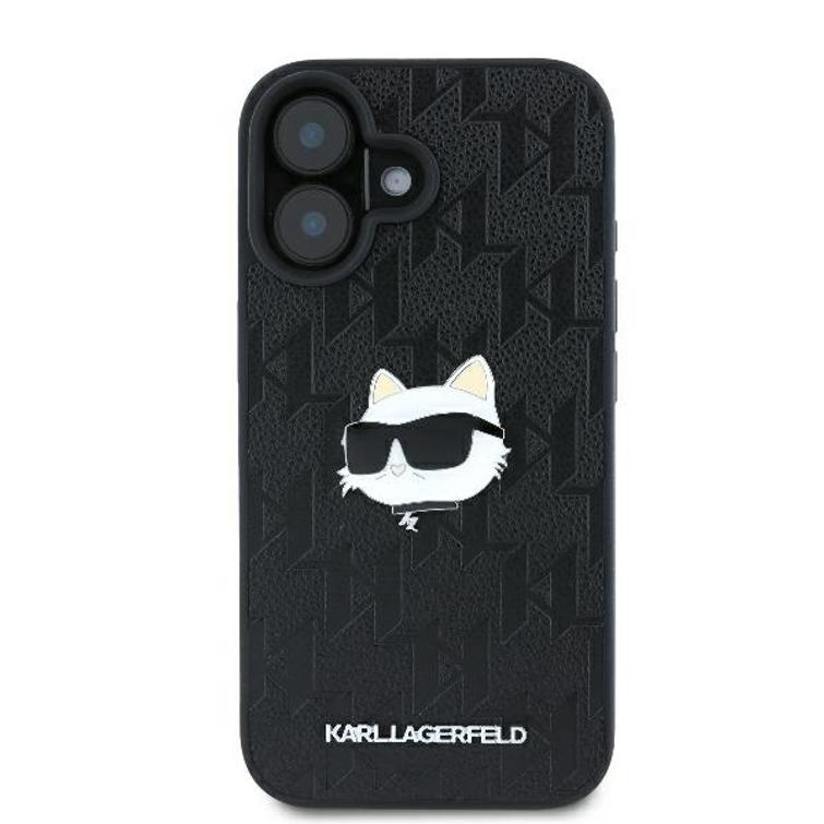 Karl Lagerfeld iPhone 16 6,1" -puhelimen kuoret, KLHCP16SPGKLCHPK, musta, kova monogrammikuvioinen Choupette-kuvioinen neulapää.