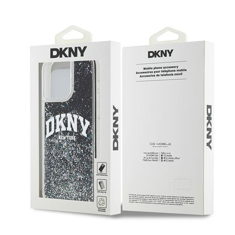 DKNY-suojakuori iPhone 15 Pro Max 6,7":lle DKHCP15XLBNAEK mustat nestekimalteet ja kaarilogo.