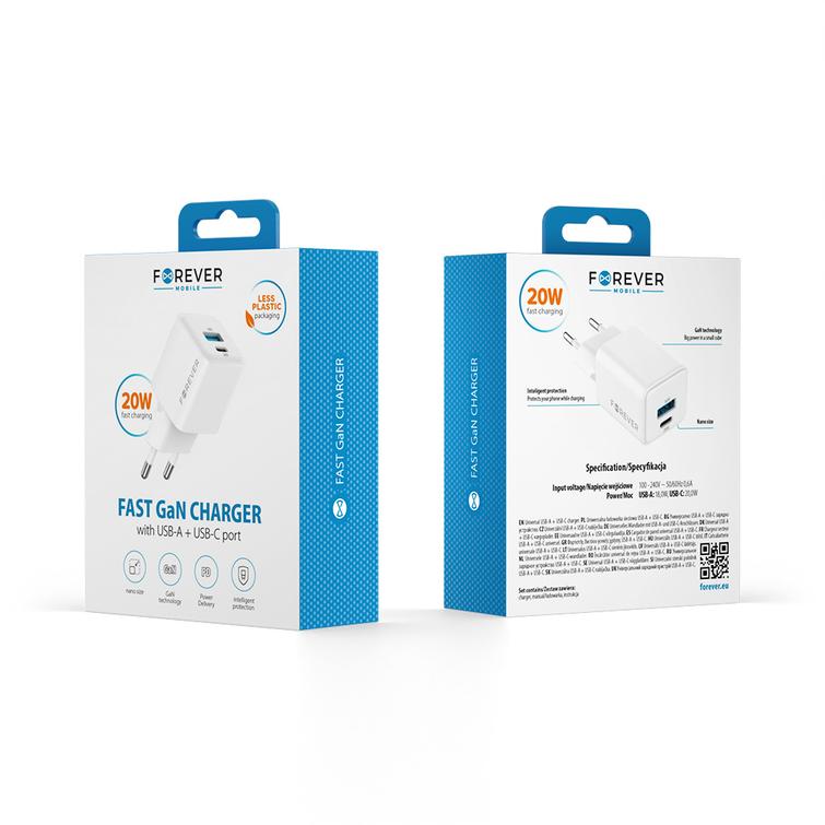 Forever TC-08-20AC GaN PD QC charger 1x USB-C 1x USB 20W white