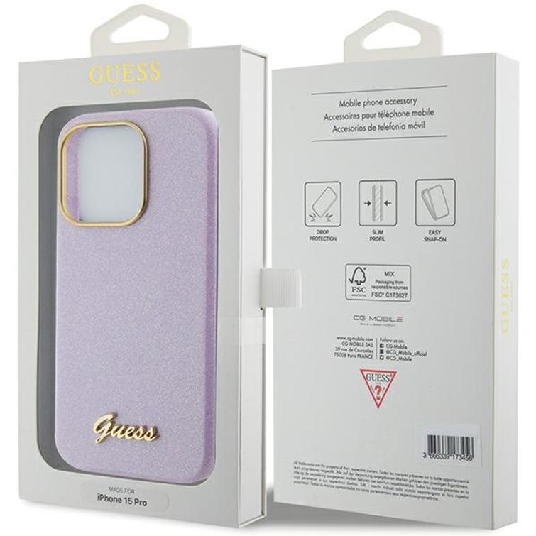 Guess iPhone 15 Pro Max 6,7" -puhelimen kuoret GUHCP15XPGMCSL liilaa kovakuori Glitter Glossy Script -kuviolla.