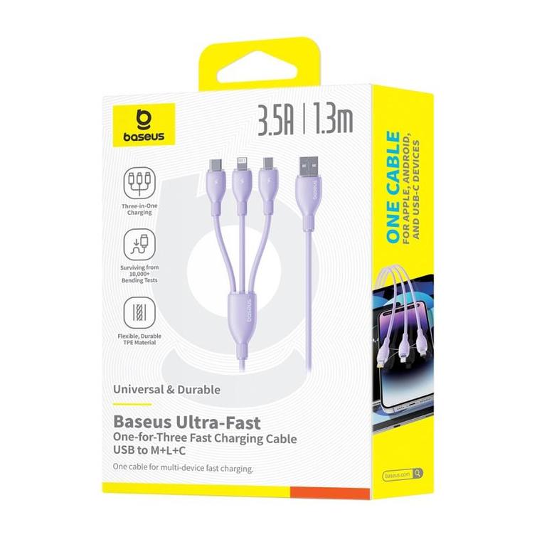 Baseus Ultra Fast One-for-Three -pikalatauskaapeli USB-A - M+L+C 3.5A 1.3m Nebula Purple