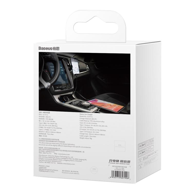 Baseus autolaturi Enjoyment sis&auml;&auml;nvedett&auml;v&auml; 2w1 30W musta, mukana kaapeli 1x USB-C ja 1x Lightning