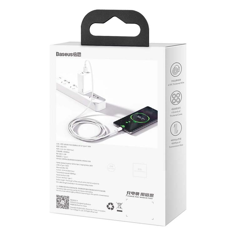 Baseus Superior USB - USB-C -kaapeli 2,0 m valkoinen 66W