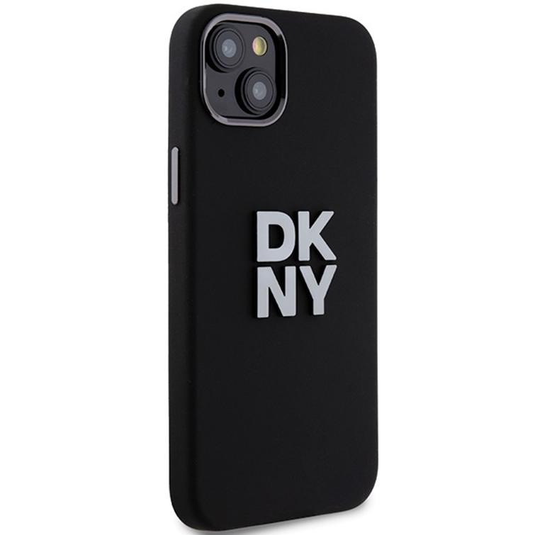 DKNY iPhone 15 Plus 6,7" -puhelimen suojakuori DKHCP15MSMCBSK, musta HC-silikoni ja pinomainen metallilogo.