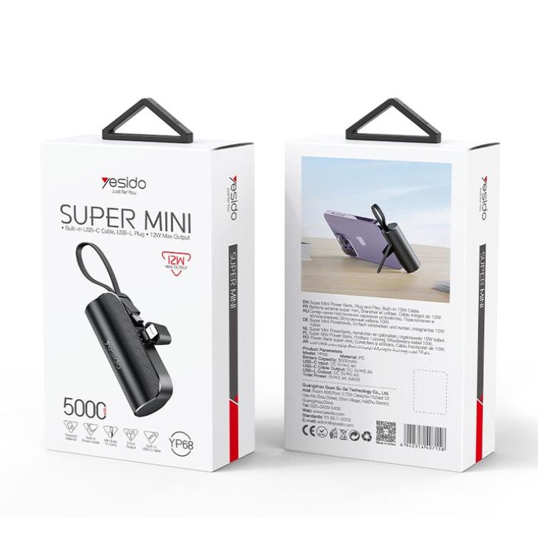 YESIDO POWERBANK YP68 5000 mAh 12W + USB-C CABLE, LIGHTNING CONNECTOR BLACK
