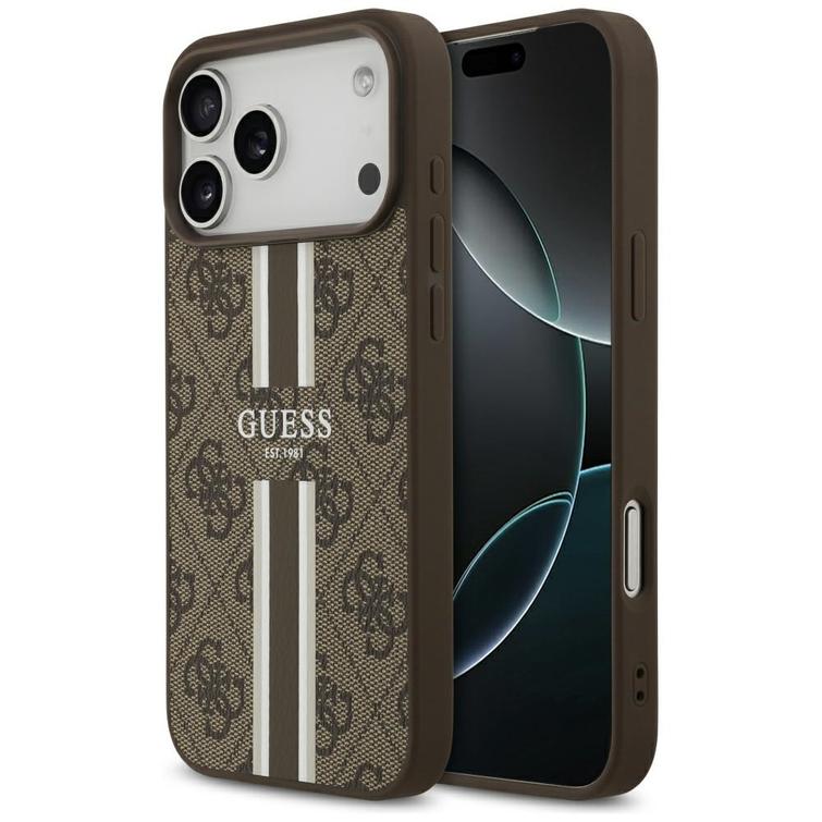 Guess 4G Printed Stripes MagSafe -kotelo iPhone 17 Pro Maxille, ruskea