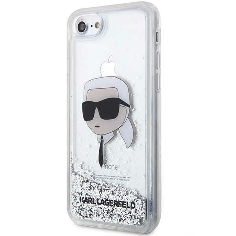 Karl Lagerfeld -suojakuori iPhone 7 / 8 / SE:lle KLHCI8LNKHCH hopeinen HC Liquid Glitter NFT Karl's Head
