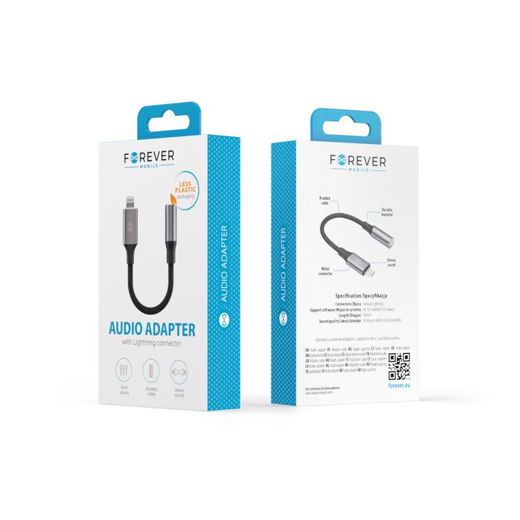 Forever-sovitin &auml;&auml;nikaapelille AJL-01, 3,5 mm jakki - Lightning musta