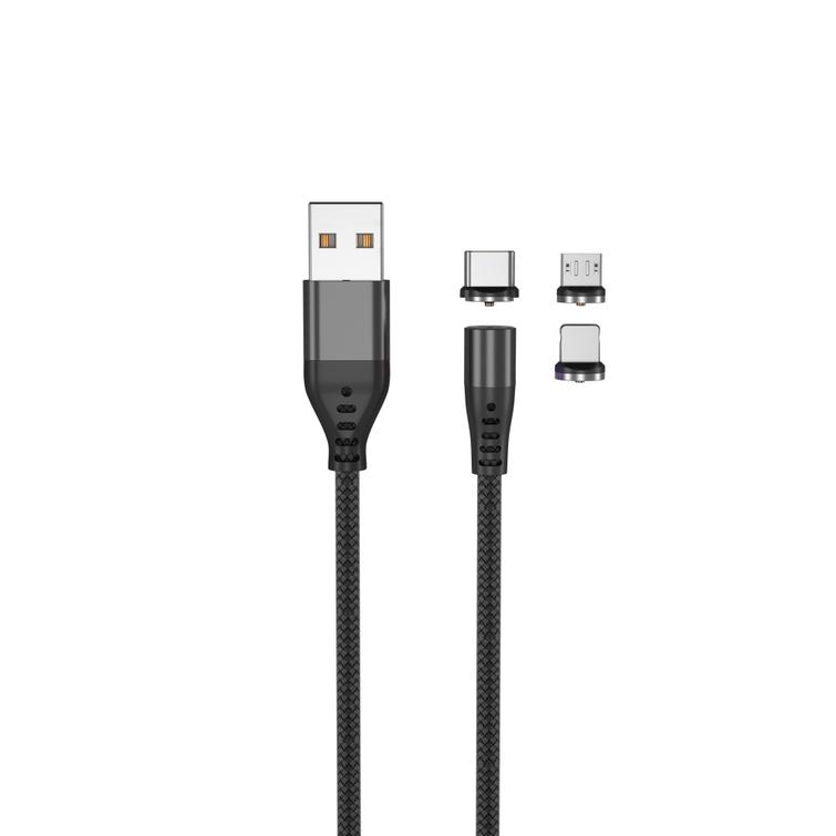 Maxlife MXUC-02 magneettikaapeli USB - Lightning + USB-C + microUSB 1,0 m 2A musta nailon