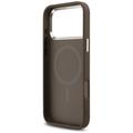Guess Case Magsafe 4G PU-nahkakotelo kolmiologolla ja hopeisella metallisella kamerakehyksell&auml; iPhone 17 Pro Maxille, ruskea