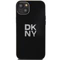 DKNY iPhone 15 Plus 6,7" -puhelimen suojakuori DKHCP15MSMCBSK, musta HC-silikoni ja pinomainen metallilogo.
