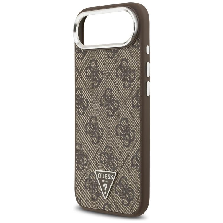 Guess Case Magsafe 4G PU-nahkakotelo kolmiologolla ja hopeisella metallisella kamerakehyksell&auml; iPhone 17 Air Brownille
