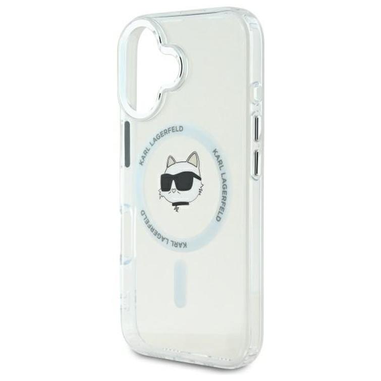 Karl Lagerfeld iPhone 16 6,1" KLHMP16SHLSCHH -suojakuori, valkoinen, kova IML-suoja, metallinen Choupette-p&auml;&auml;, MagSafe