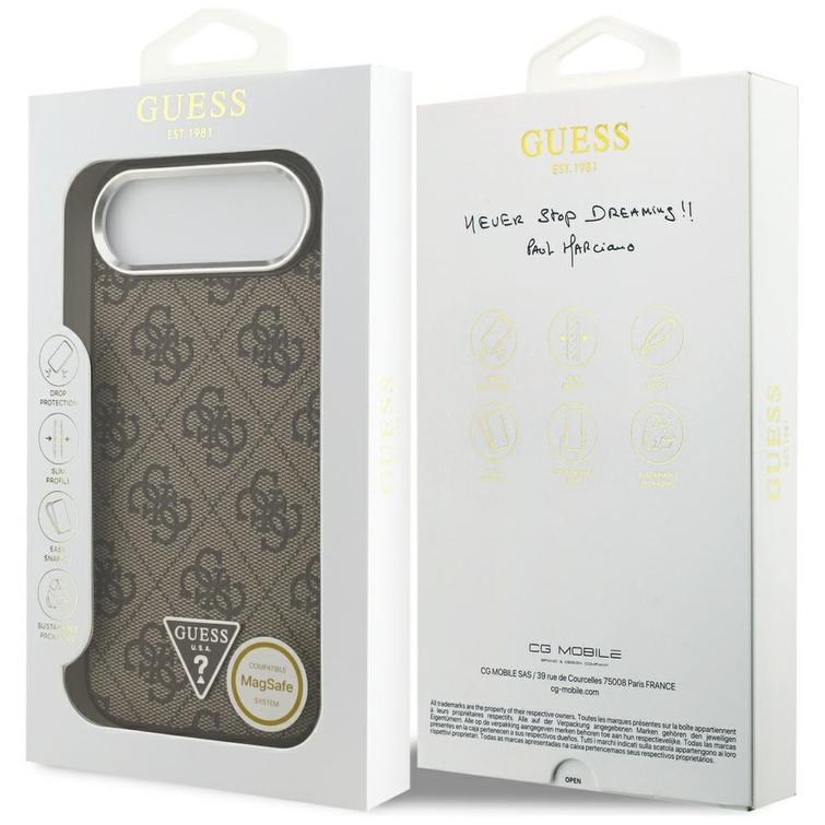 Guess Case Magsafe 4G PU-nahkakotelo kolmiologolla ja hopeisella metallisella kamerakehyksellä iPhone 17 Air Brownille