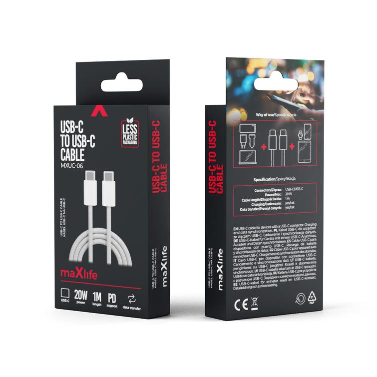 Maxlife MXUC-06 kaapeli USB-C - USB-C 1,0 m 20W harmaa nailon