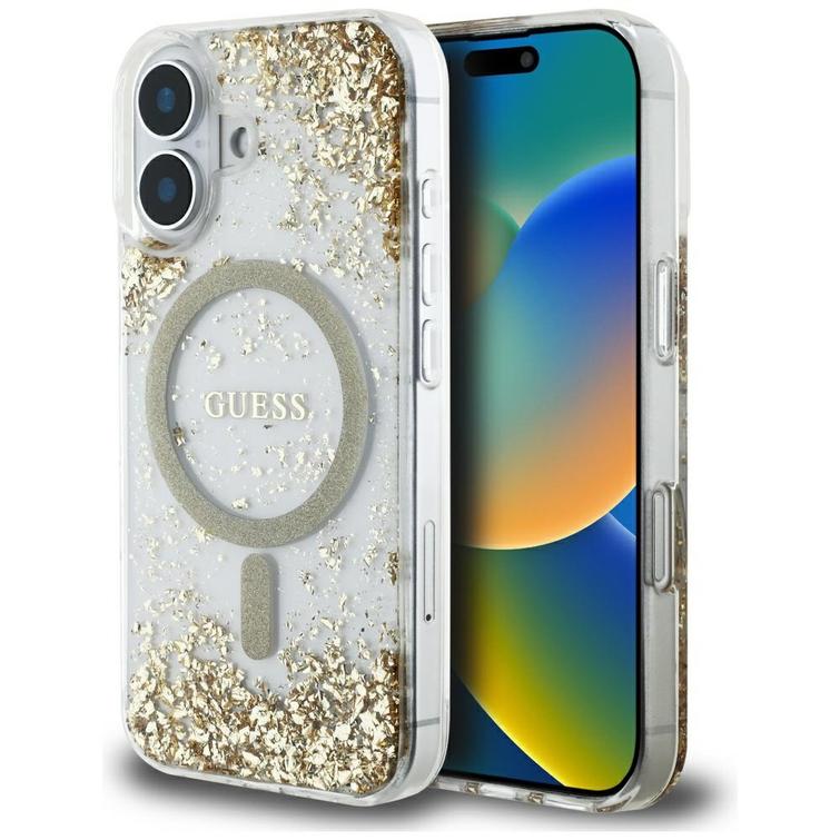 Guess HC Resin Bottom Glitter -suojakuori iPhone 16:lle, MagSafe, kulta