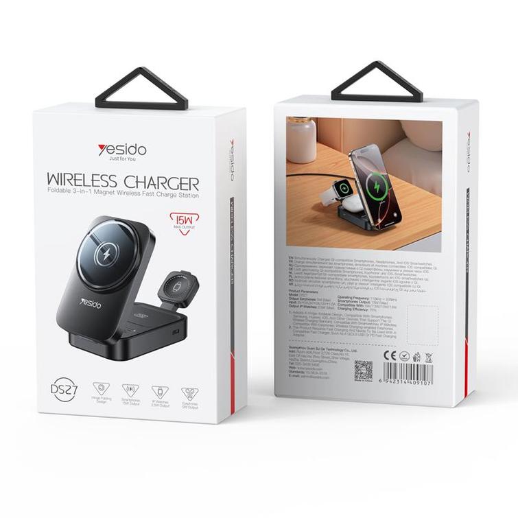 YESIDO INDUCTIVE CHARGER DS27 15W (STAND) 3IN1 FOR APPLE WATCH BLACK