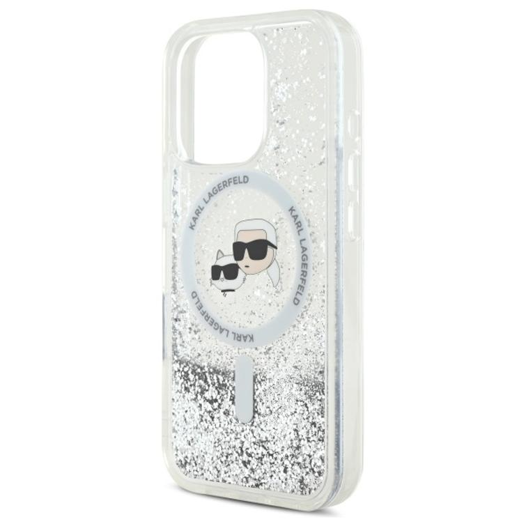 Karl Lagerfeld -suojakuori iPhone 16 Pro Max 6,9":lle. KLHMP16XLGKCSGH -l&auml;pin&auml;kyv&auml;, kovaa nestem&auml;ist&auml; glitteri&auml;, Karl&Choupette Head MagSafe -kalvolla.