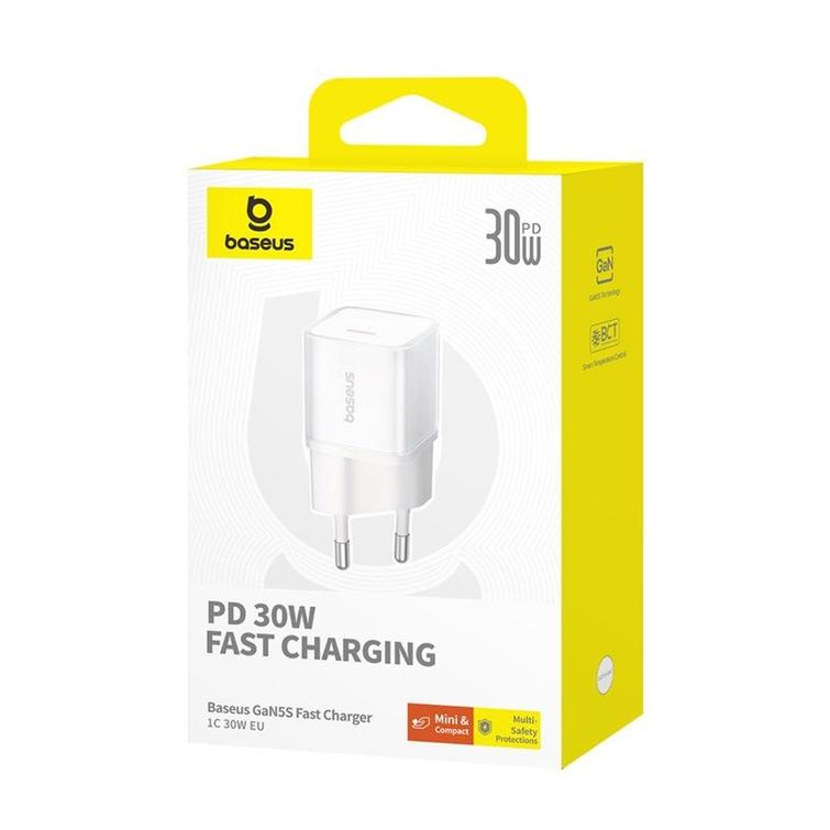 Baseus sein&auml;laturi GaN5 Mini PD 30W 1x USB-C kuunvalkoinen
