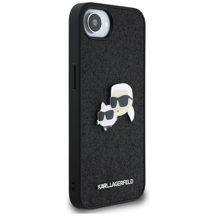 Karl Lagerfeld HC Fixed Glitter K&C Heads Logo Metal Pin -suojakuori iPhone 16e:lle, musta