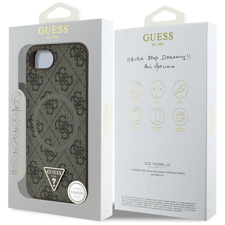 Guess HC MagSafe PU 4G Ring Triangle Logo -suojakuori iPhone 16e:lle, ruskea