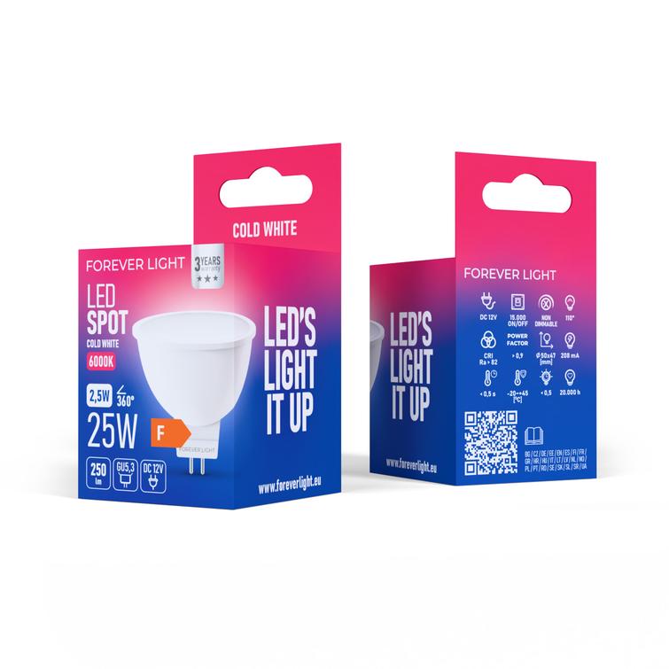 Forever Light LED-lamppu GU5,3 MR16 2,5W 250lm 6000K 12V luokka F