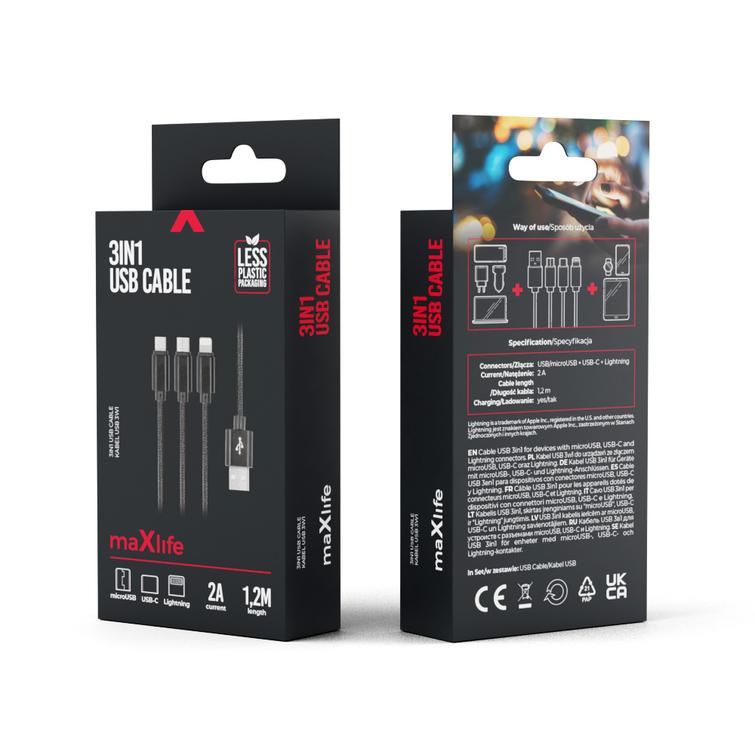 Maxlife 3in1 -kaapeli USB - Lightning + USB-C + microUSB 1,0 m 2,1A musta nailon