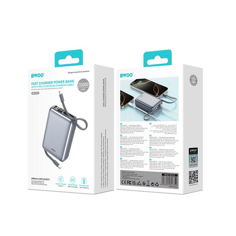 BWOO-varavirtal&auml;hde P73 22,5 W 20 000 mAh kahdella sis&auml;&auml;nrakennetulla kaapelilla, 1 x USB-C ja 1 x Lightning, musta