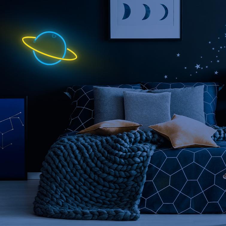 Neon LED -valo SATURN keltainen sininen Lepakko + USB FLNE11 Forever Light