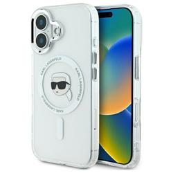 Karl Lagerfeld iPhone 16 6,1" -puhelimen suojakuori, KLHMP16SHLSKIH, valkoinen, kova IML-suoja, metallinhohtoinen Karl Head MagSafe -naaras.