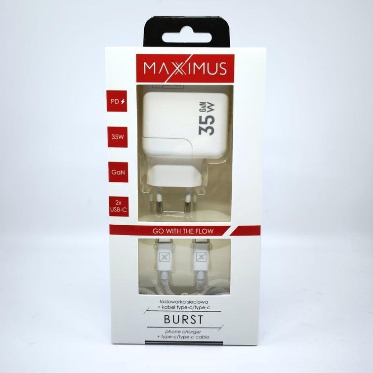 WALL CHARGER MX BURST GaN PD 35W, 2xUSB-C + C/C PD CABLE 65W WHITE