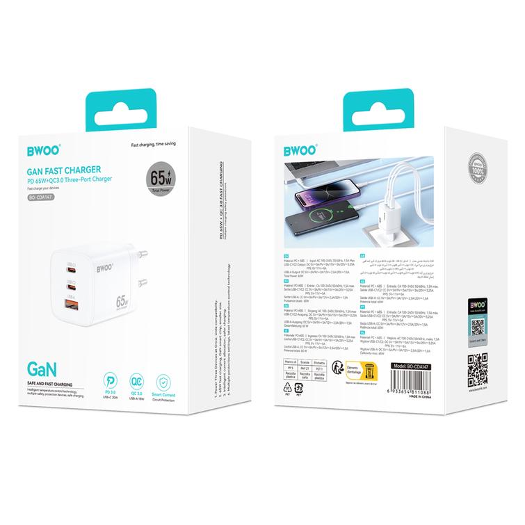BWOO CDA147PD seinälaturi 65W 2x USB-C-portti + USB-A valkoinen
