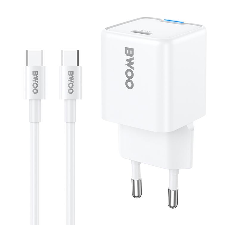 BWOO GaN PD 30W sein&auml;laturi 1x USB-C-portti 60W kaapelilla USB-C 2A valkoinen