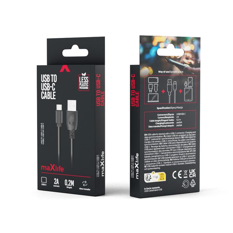 Maxlife-kaapeli USB - USB-C 0,2 m 2A musta